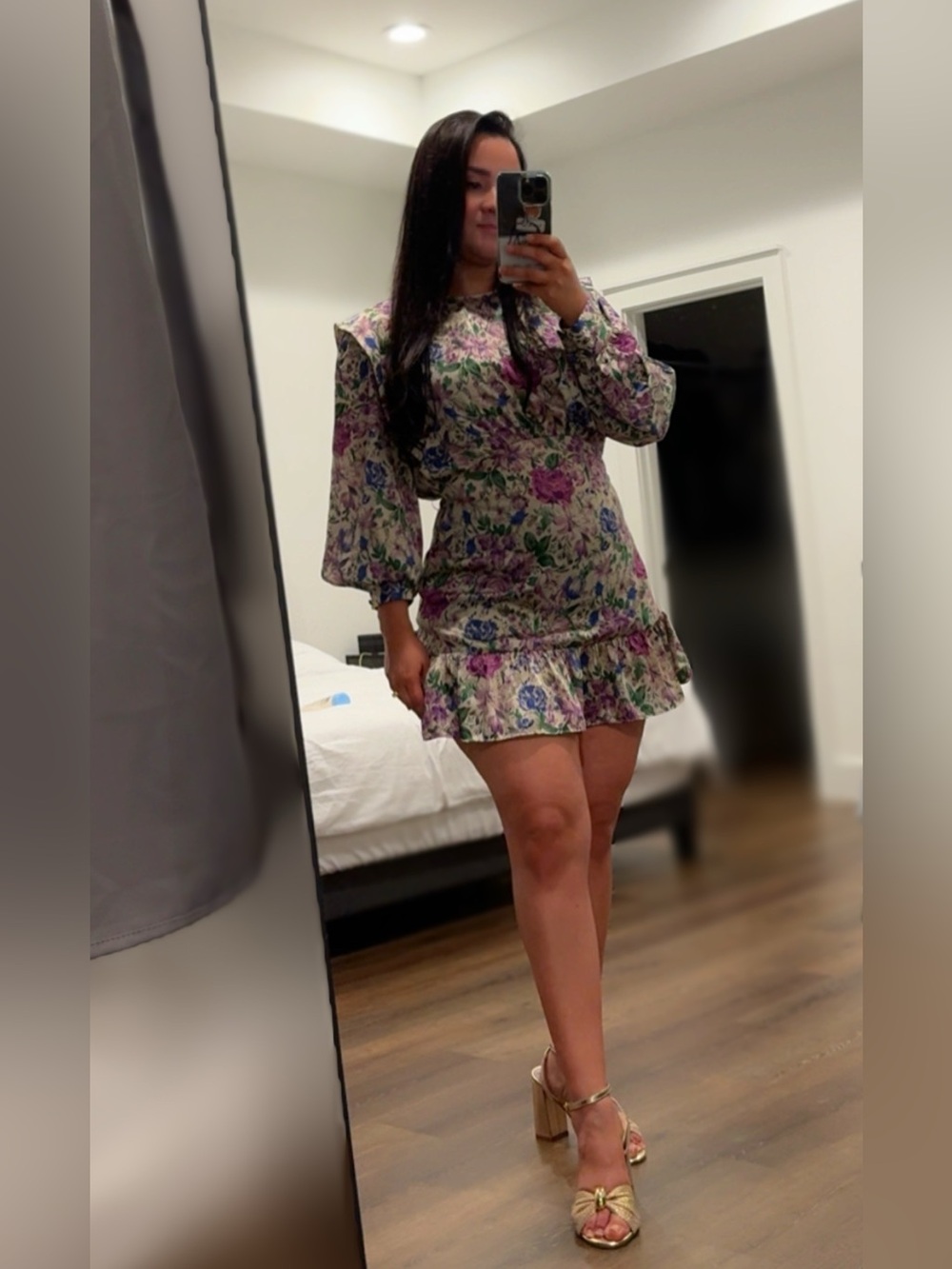 Zara Cream Floral Mini Dress with Purple & Green Print - Picture 2 of 4